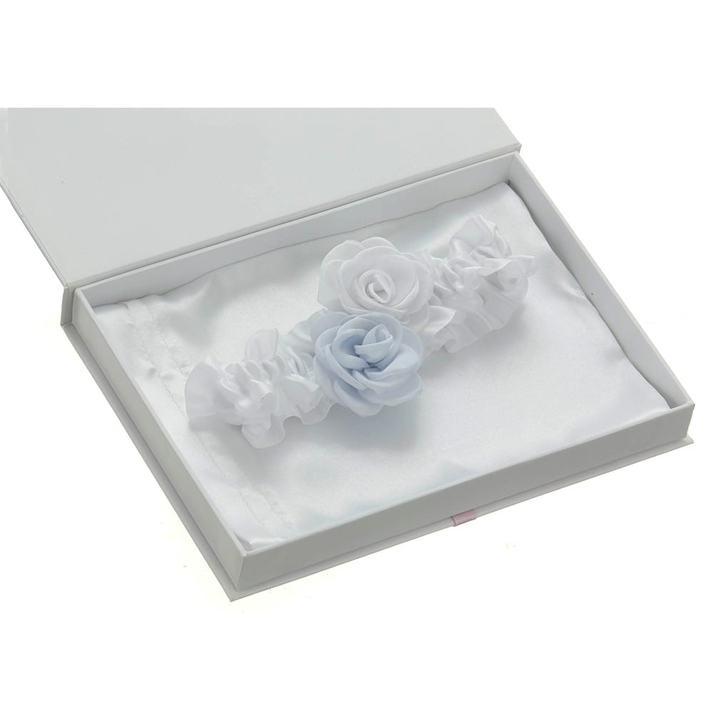 Soft blue and white satin roses on white wedding garter