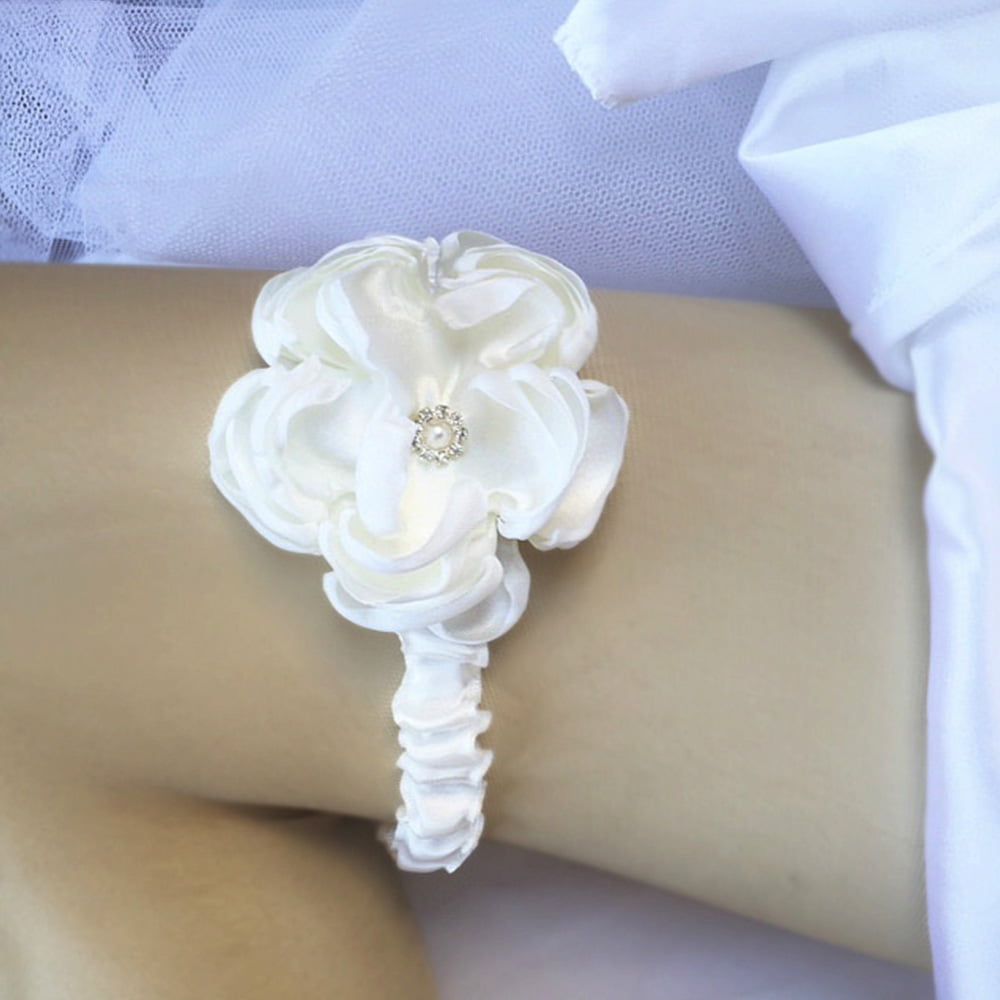 Satin garter with large satin rose and rhinestone embellishment