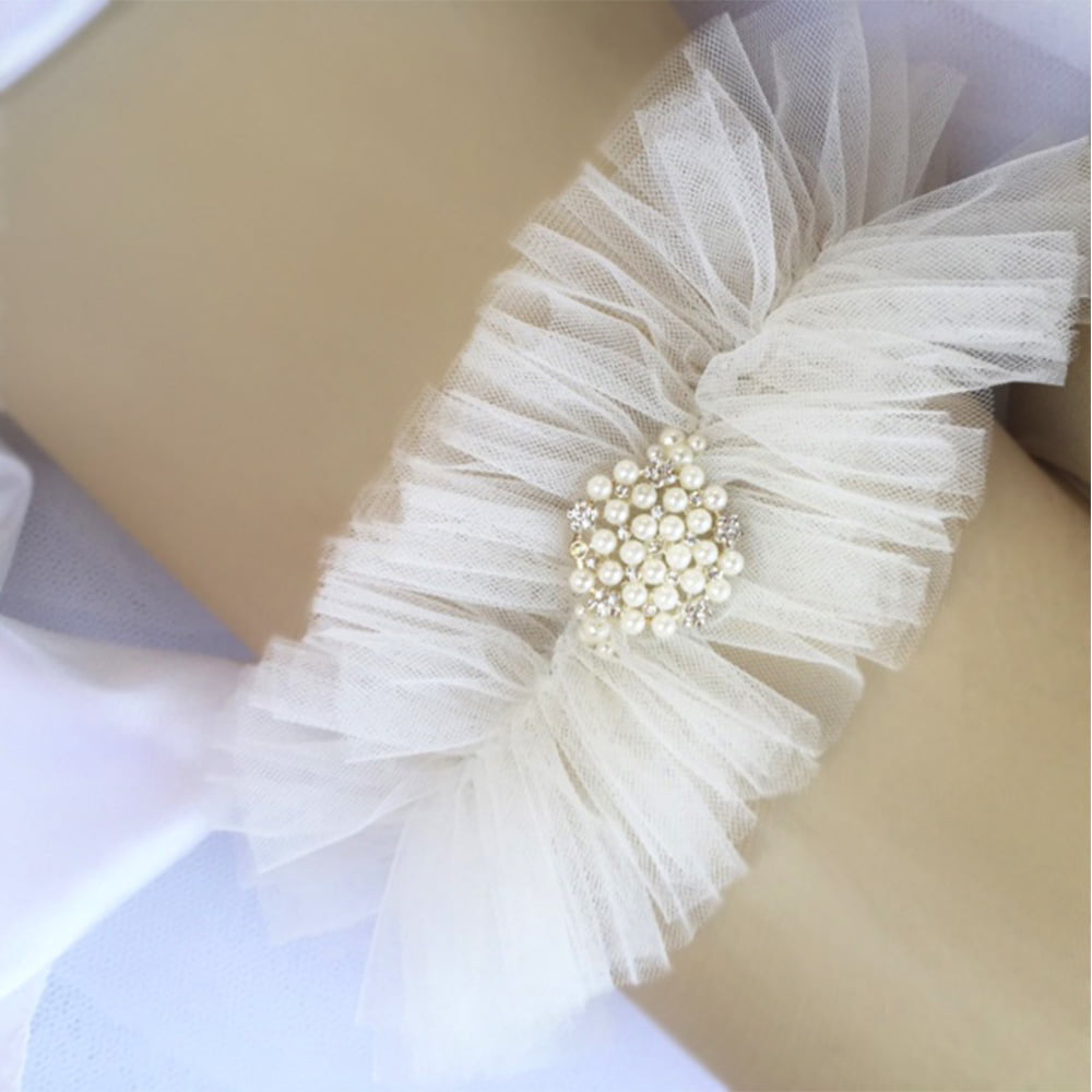 Italian tulle bridal garter with pearl and rhinestone embellishment