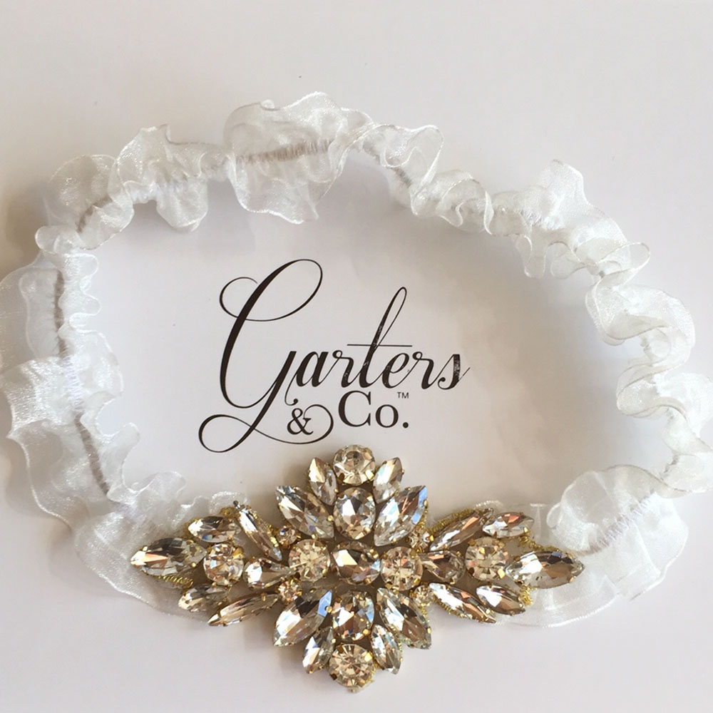 Stunning Rhinestones in Gold Setting on Organza Bridal Garter