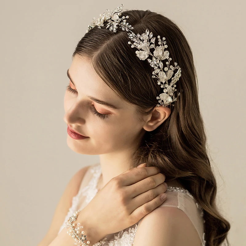 Handmade Bridal Crown with Pearls and Silver leaves