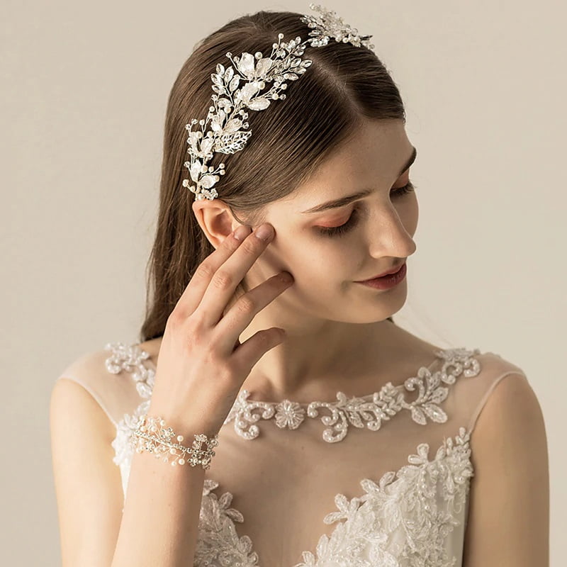 Bridal Crown with handmade silver leaves and pearls